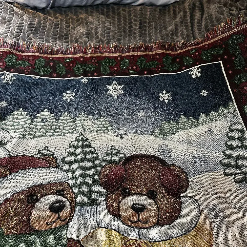 Christmas Teddy Bears Blanket Throw Fringe 58x26”‎